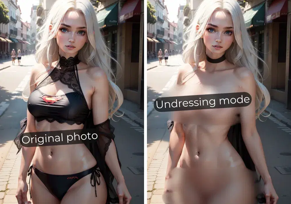Before and after example of Undressing AI nude photo generation from clothed image